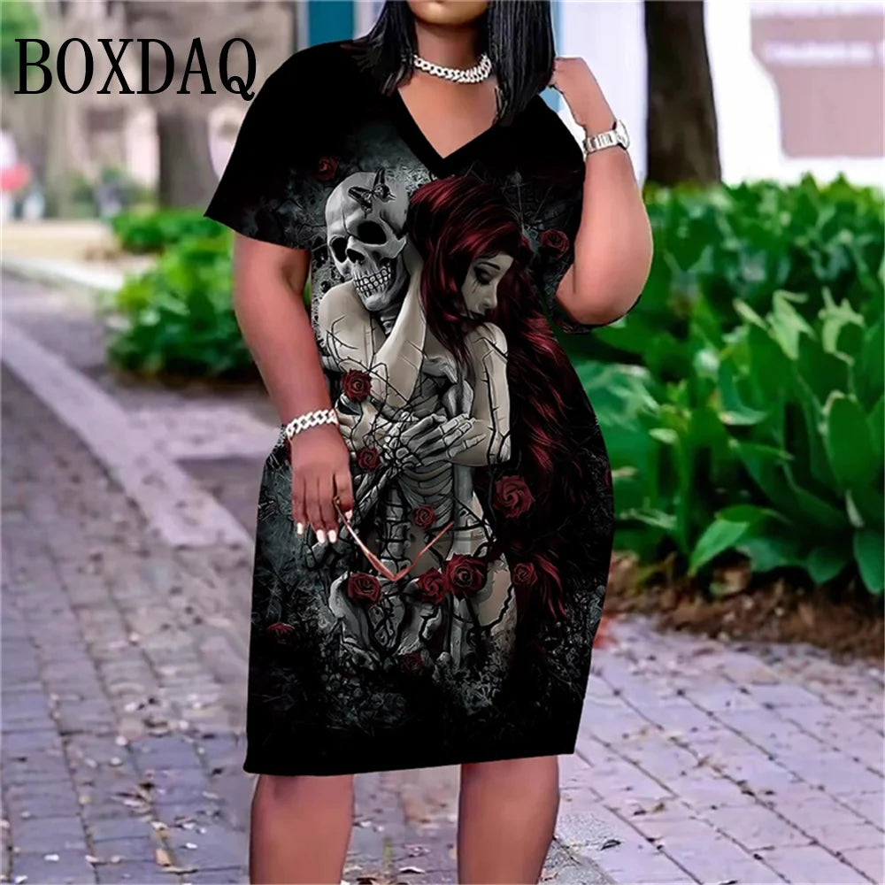Vestido de Manga Corta con Estampado 3D de Calavera | Cuello en V y Talla Grande | Moda Verano | Tico Trendy