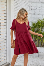 Vestido Midi de Playa | Algodón Liso Cuello V | Mangas Cortas con Volantes | Tico Trendy