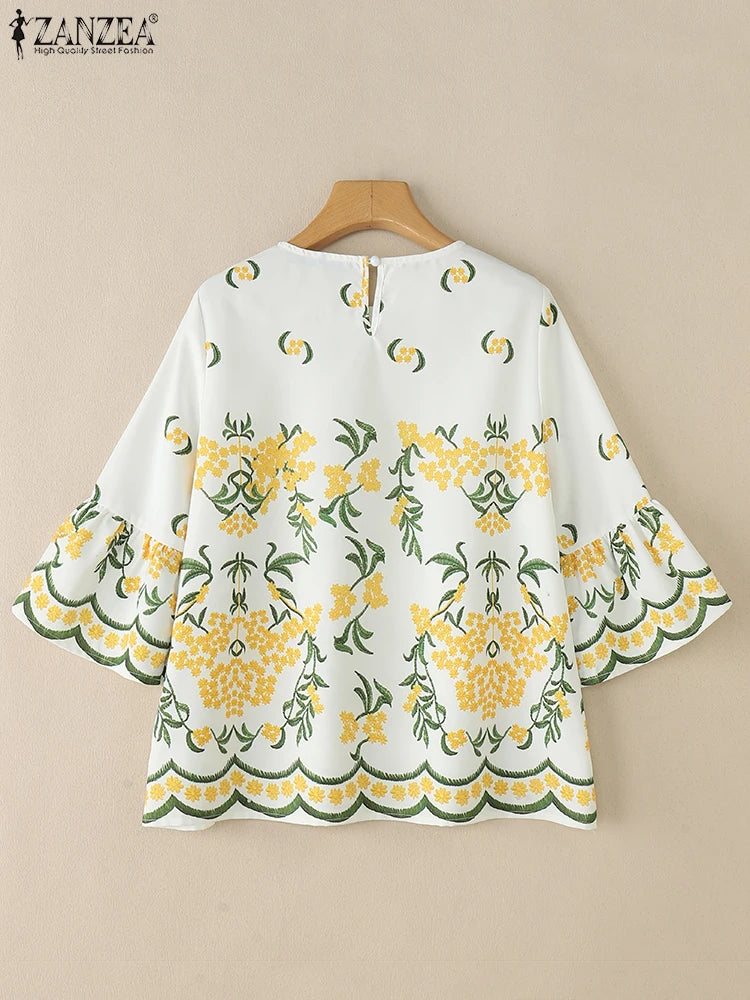 Blusa Bohemia para Mujer | Estampado Floral y Manga Corta | Estilo Vacacional | Ticotrendy