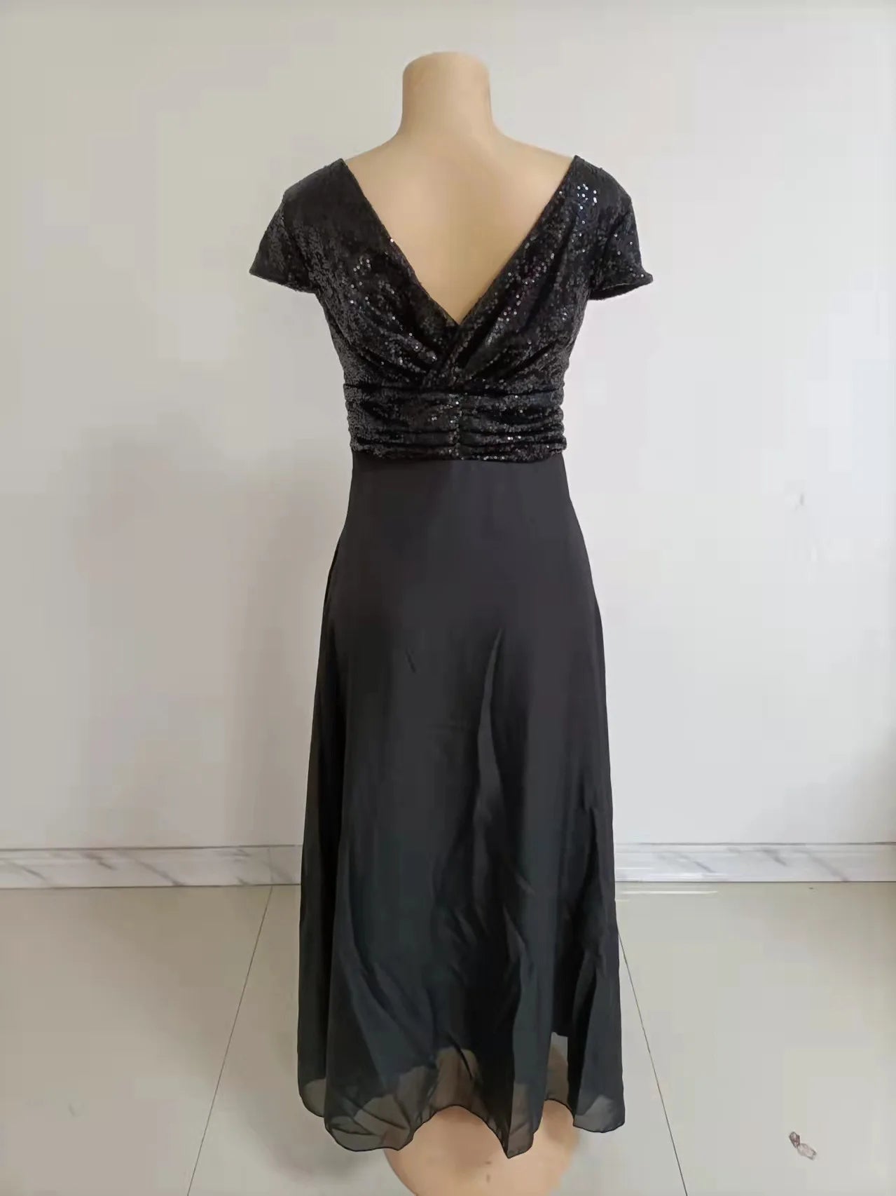 Vestido elegante de gasa con lentejuelas para mujer, cuello en V, dobladillo plisado, lentejuelas femeninas, vestido largo de cóctel para graduación, vestido de noche de boda