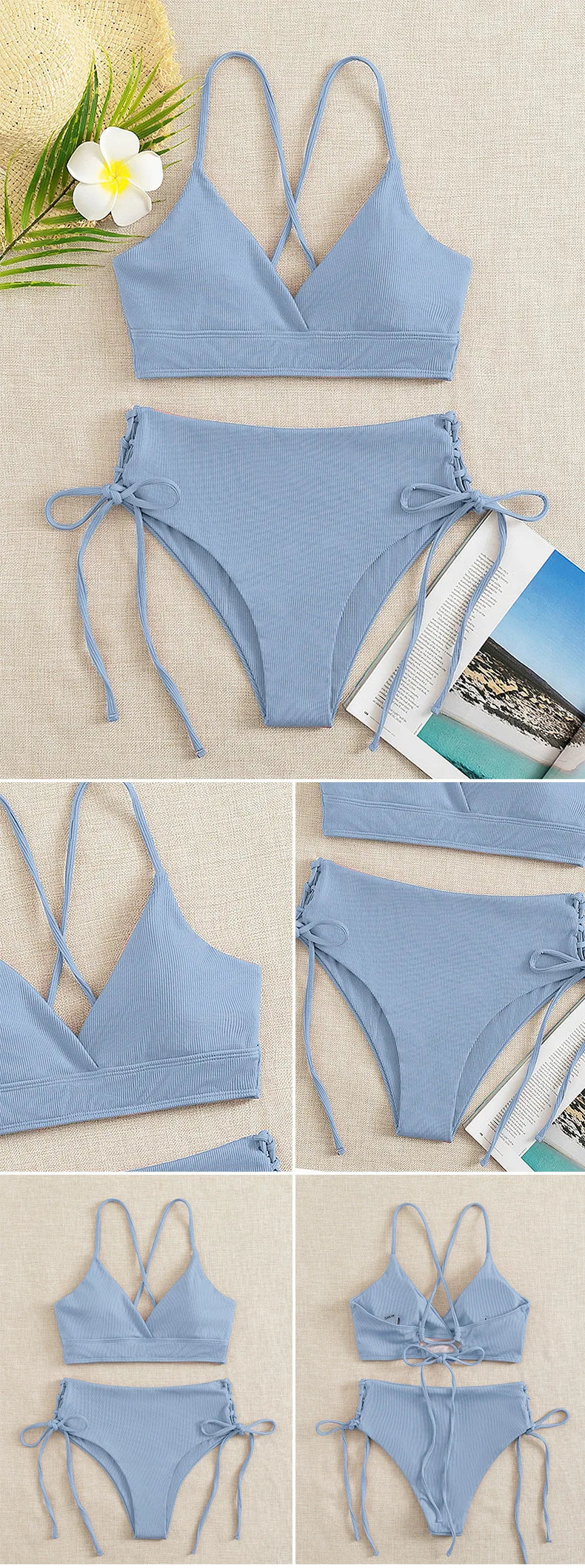 Bikini con Cordones y Cuello en V Profundo - Triangulares