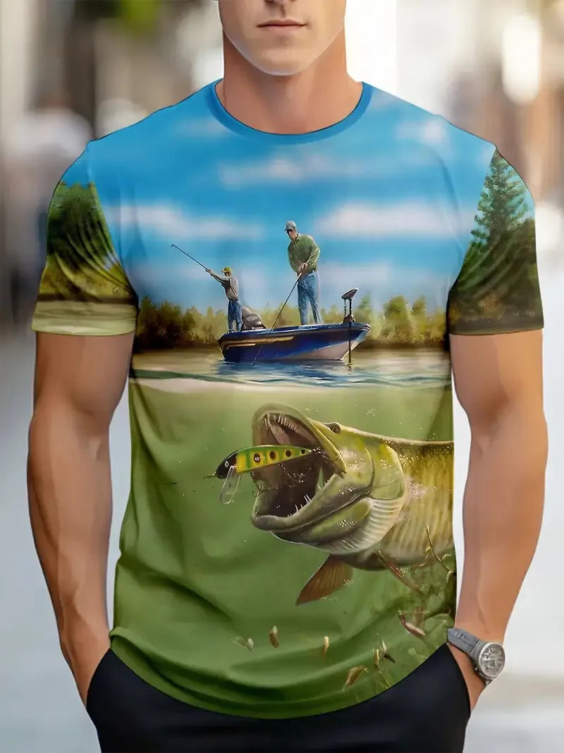 Camiseta Hombre Vintage Estampado Gráfico Peces | Manga Corta Secado Rápido
