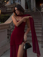 Vestido envuelto en el pecho liso con tirantes para mujer, vestido con bufanda y espalda descubierta de malla transparente con contraste, ropa de fiesta en la playa para verano 2025