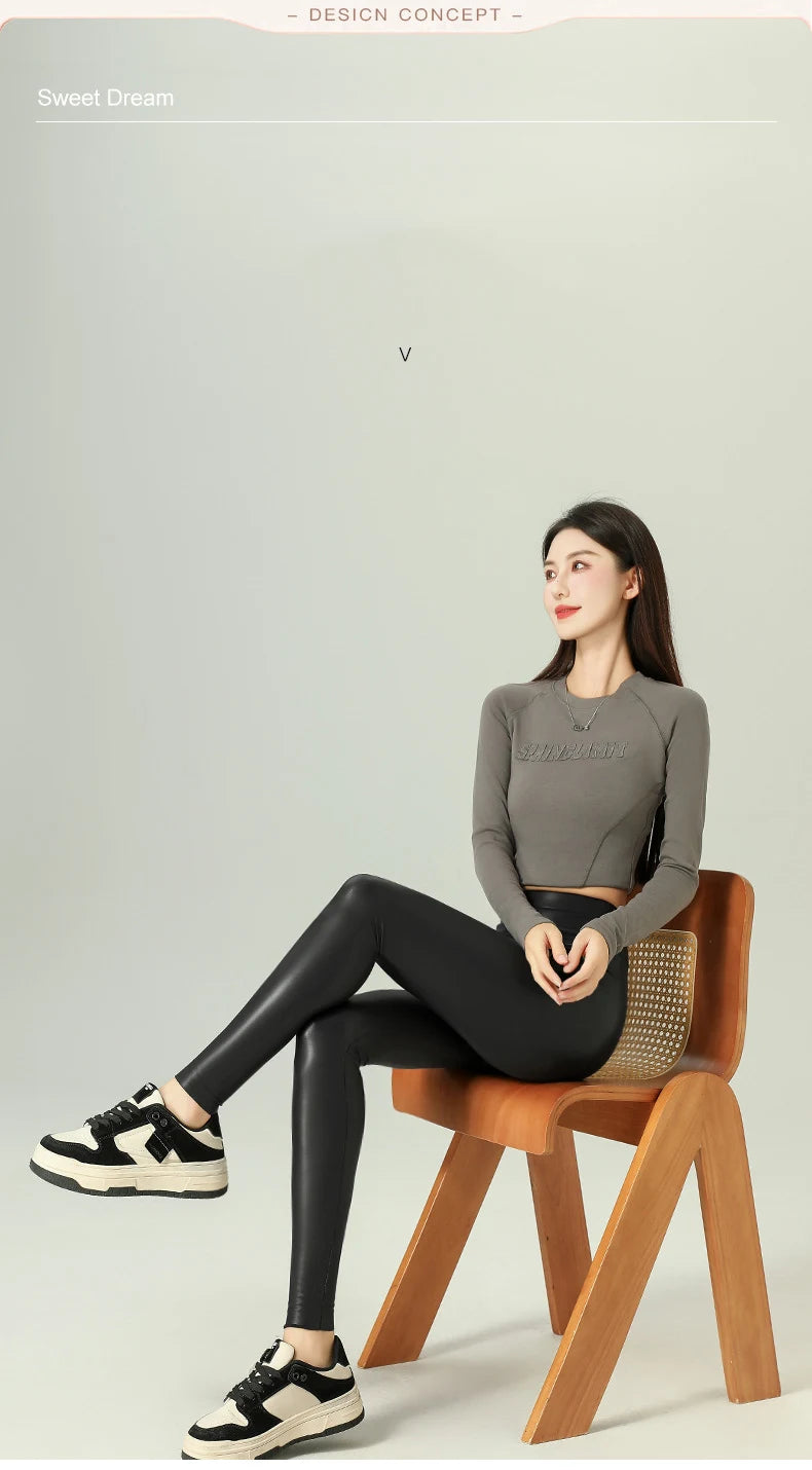 Leggings PU Cuero Invierno | Lana Fina Sexy Ajustado | Cintura Alta Elástico Cálido