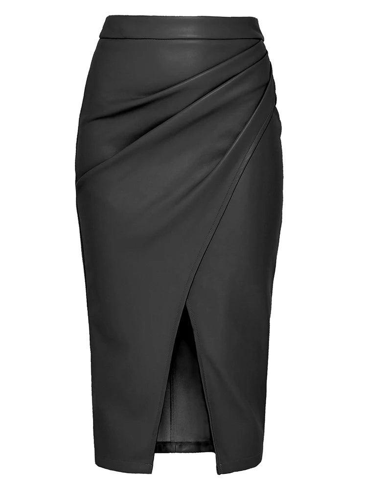 Falda Midi De Cuero Sintético Con Abertura Y Pliegues Sexy