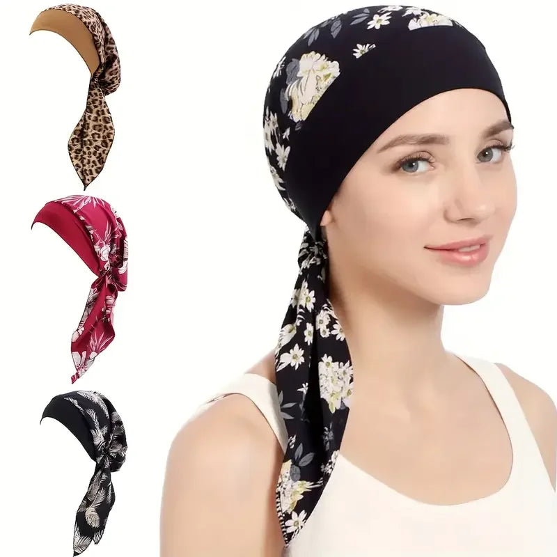 Nuevo pañuelo para la cabeza con estampado satinado para mujer, turbante musulmán elástico preatado, gorro para dormir para quimioterapia, cubierta para la pérdida de cabello, pañuelo para la cabeza