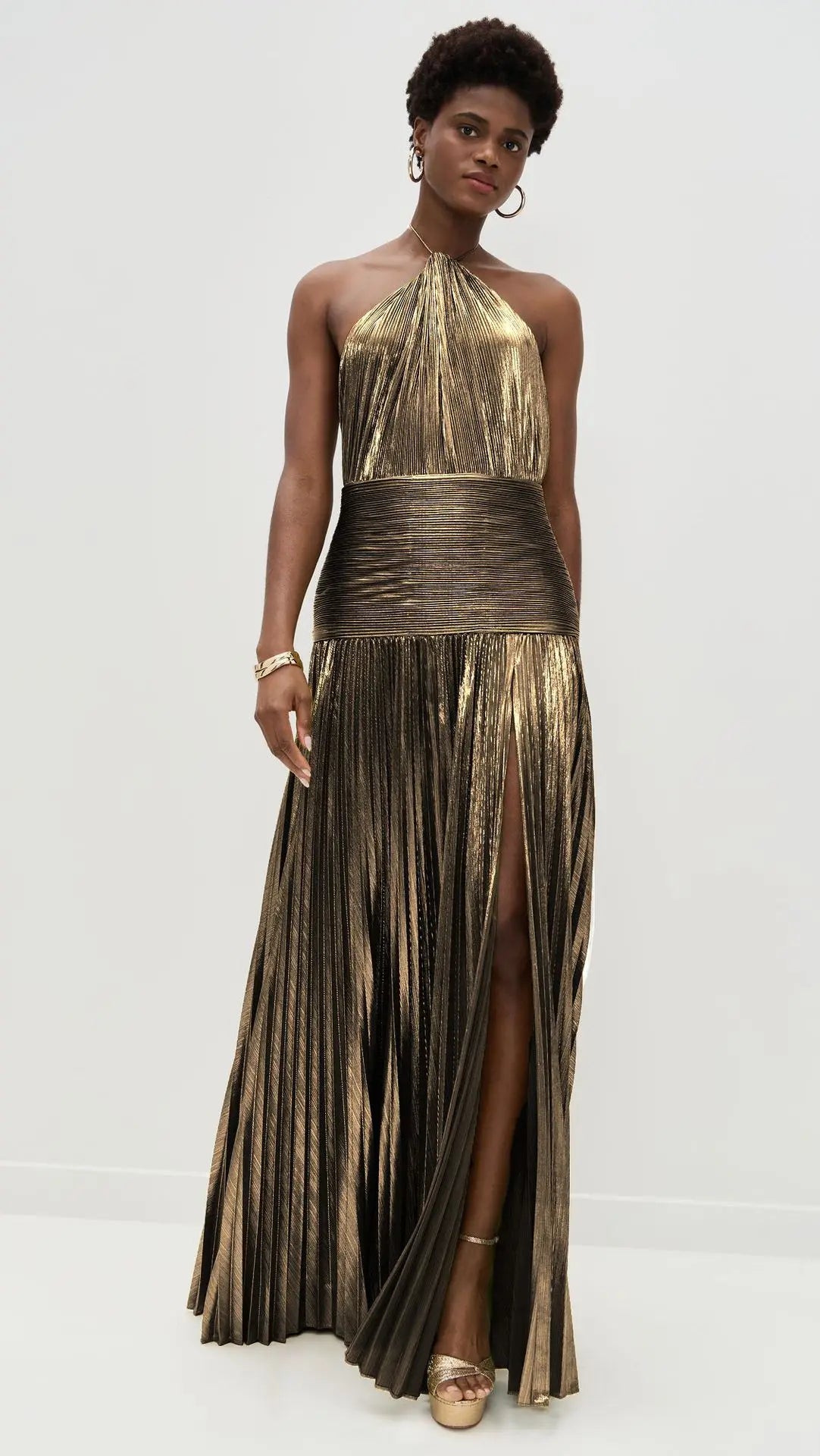Vestido Largo Dorado Halter Plisado Sexy Club | Abertura Alta Sin Mangas Camisola