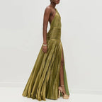 Vestido Largo Dorado Sexy Con Cuello Halter Abertura Alta Plisado