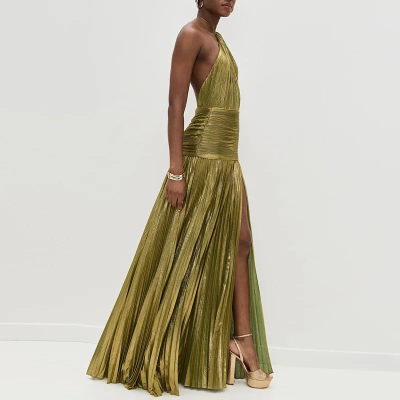 Vestido Largo Dorado Sexy Con Cuello Halter Abertura Alta Plisado