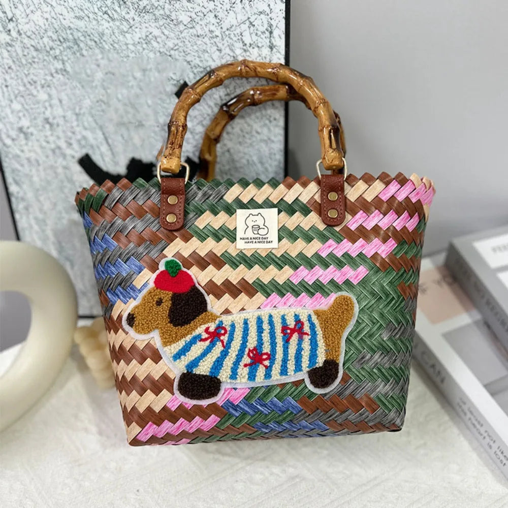 Bolso Tejido de Gran Capacidad con Diseño de Perro Salchicha y Asa de Bambú