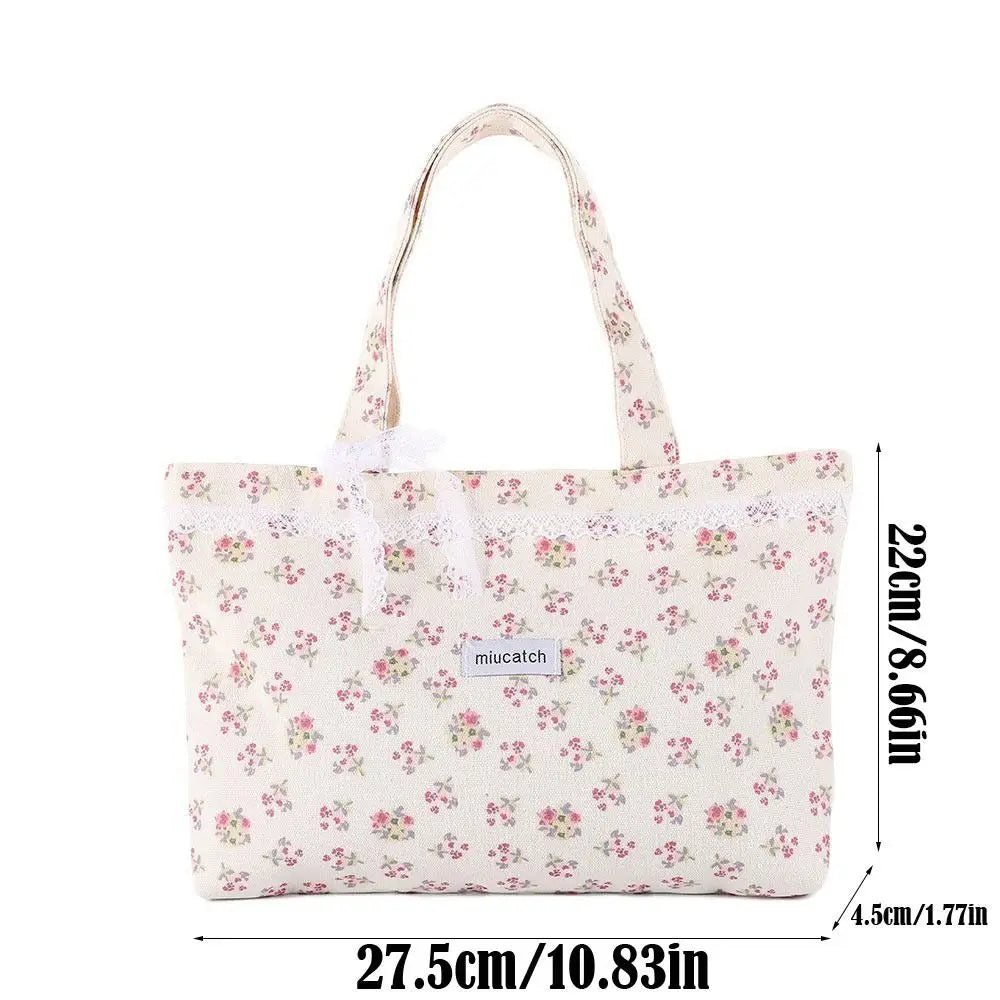 Bolso Tote de Lona Grande con Estampado Floral, Lazo de Encaje y Bordado