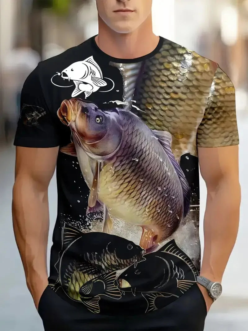 Camiseta Hombre Vintage Estampado Gráfico Peces | Manga Corta Secado Rápido