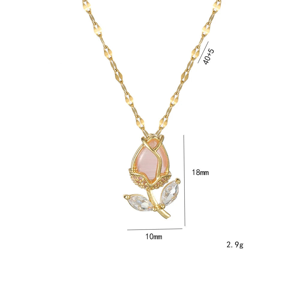 Collares con colgante de tulipán rosa romántico para mujeres y niñas, accesorios de joyería clásicos de acero inoxidable, regalos para amantes