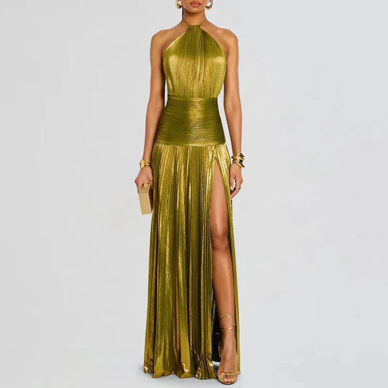 Vestido Largo Dorado Halter Plisado Sexy Club | Abertura Alta Sin Mangas Camisola