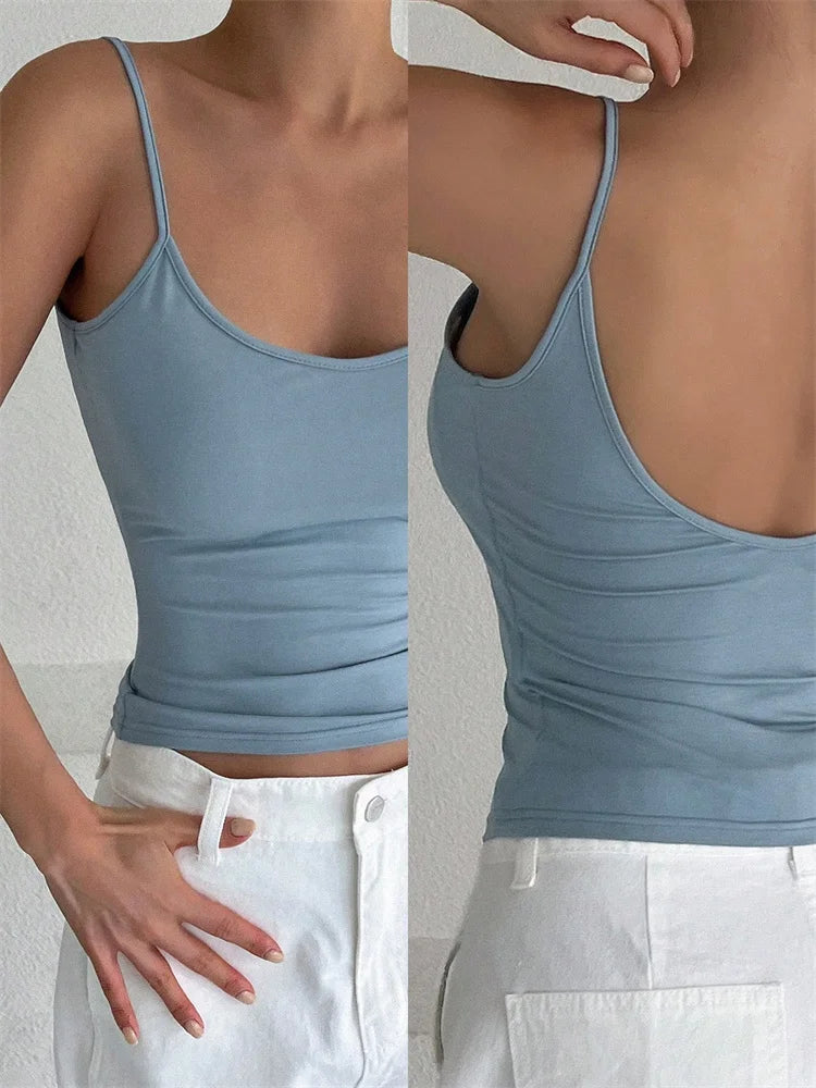 Top corto sin espalda para mujer, Top informal sin mangas de Color sólido, ropa de calle Y2K
