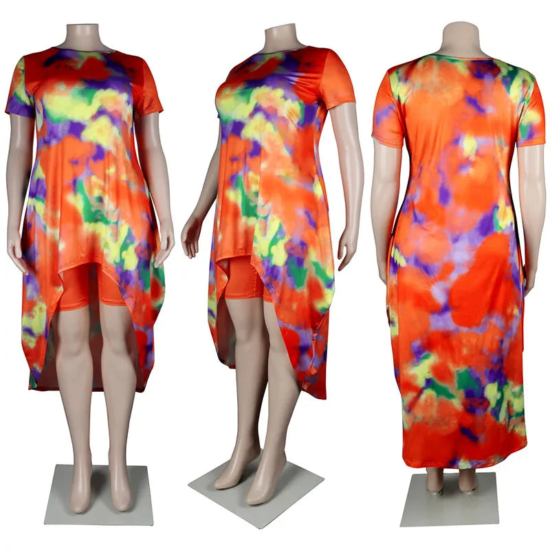 Conjuntos de pantalones cortos de talla grande para mujer, trajes de dos piezas de estilo Tie Dye, Top largo, Leggings cortos, trajes al por mayor, envío directo
