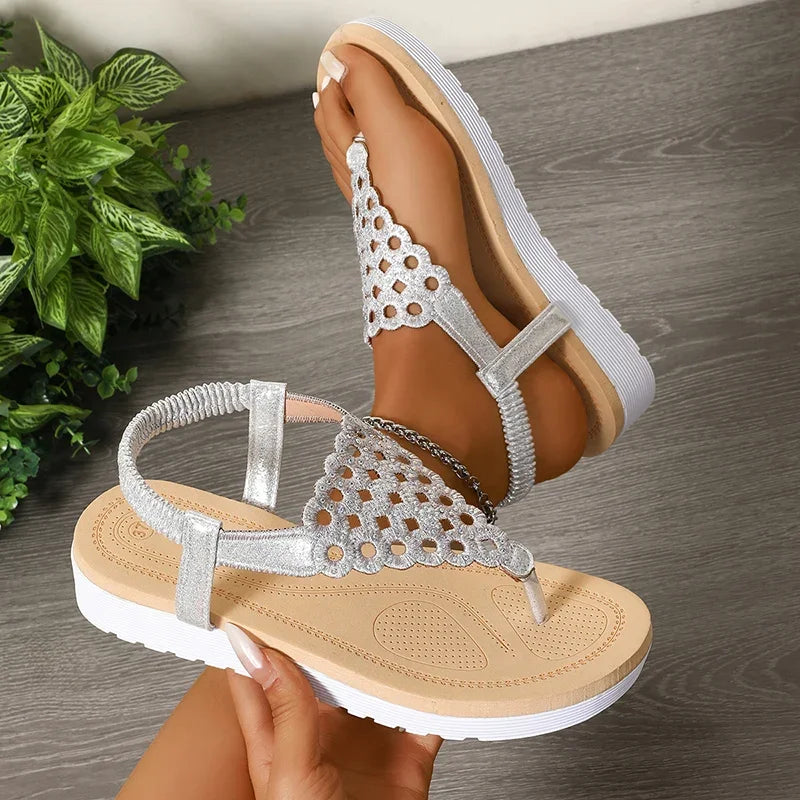Sandalias plateadas con Clip calado para mujer, cuñas de plataforma de verano 2025, Sandalias romanas, Sandalias de cristal con banda elástica a la moda para mujer