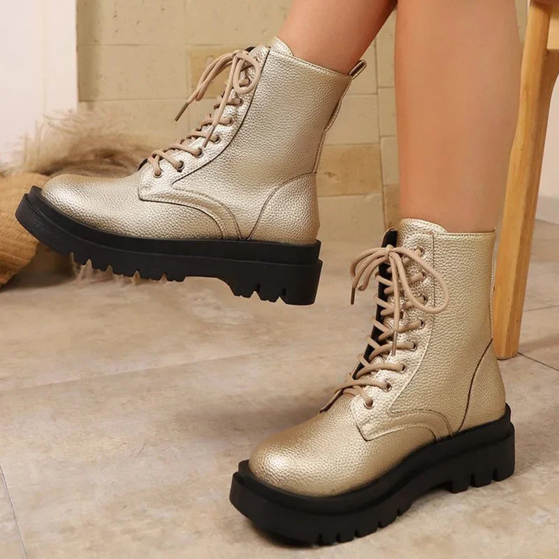 Botines Dorados de Plataforma | Cuña y Cordones | Mujer