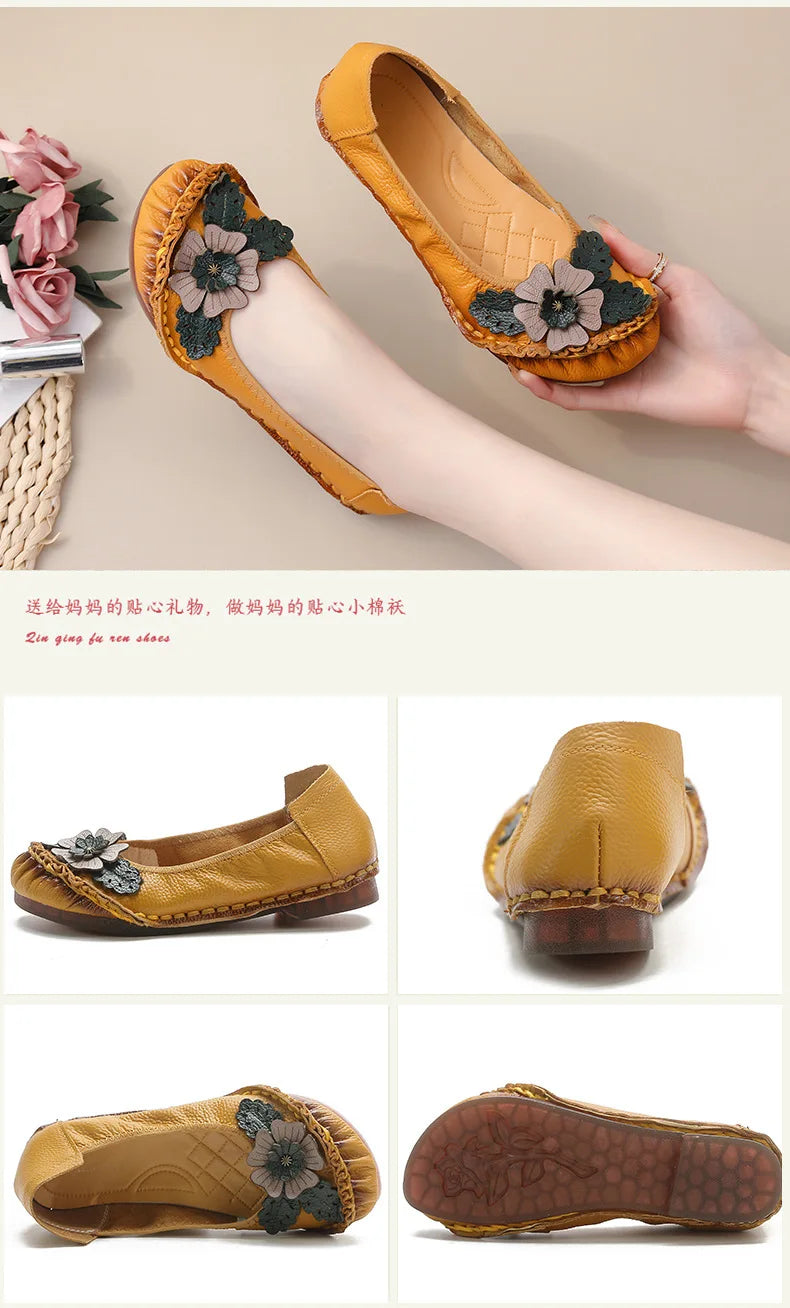 Mocasines Planos Florales de Cuero Genuino | Hechos a Mano | Talla 41 | Estilo Retro