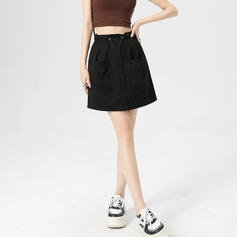Falda Cargo Con Bolsillos Y Cordón Estilo Retro Americano