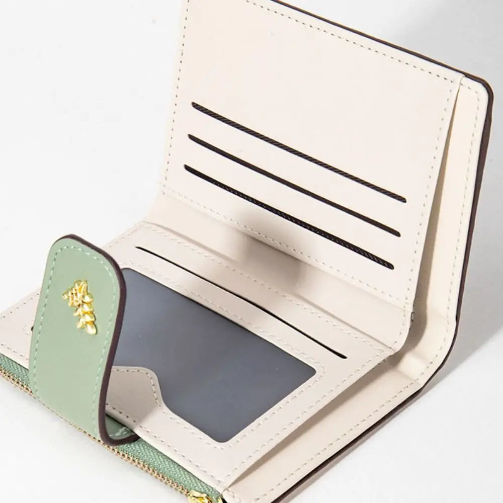 Cartera corta delgada de cuero PU INS, monedero con cremallera para múltiples tarjetas, monedero con flores pequeñas, cartera con cremallera para mujer y niña