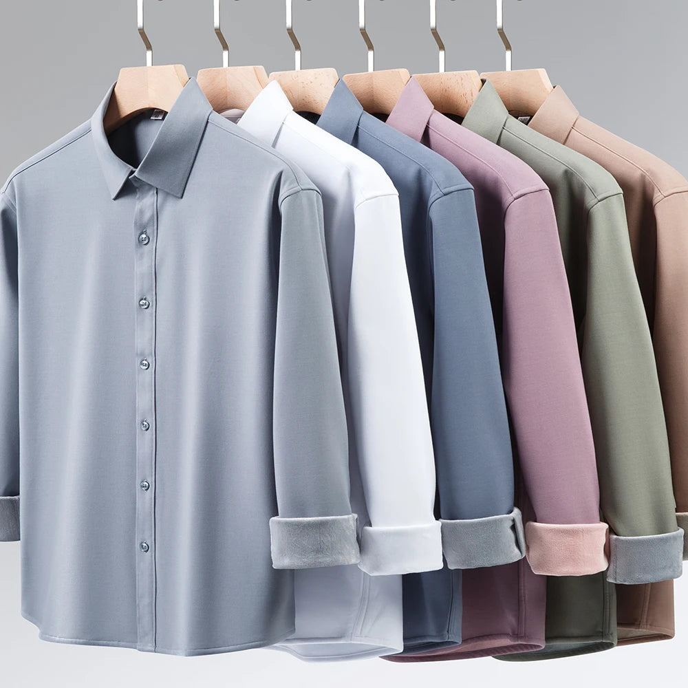Camisa de Lana Cálida Hombre | Manga Larga | Negocios Casual | Color Sólido Suave