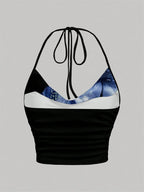 Top Halter con tinte dibujo Tie para mujer, ropa Y2K de verano, Top corto Sexy con espalda descubierta y cuello en V, ropa de calle