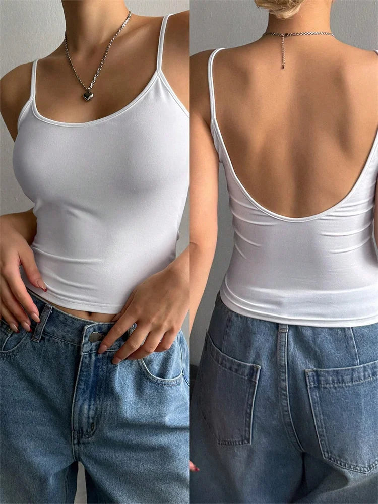 Top corto sin espalda para mujer, Top informal sin mangas de Color sólido, ropa de calle Y2K