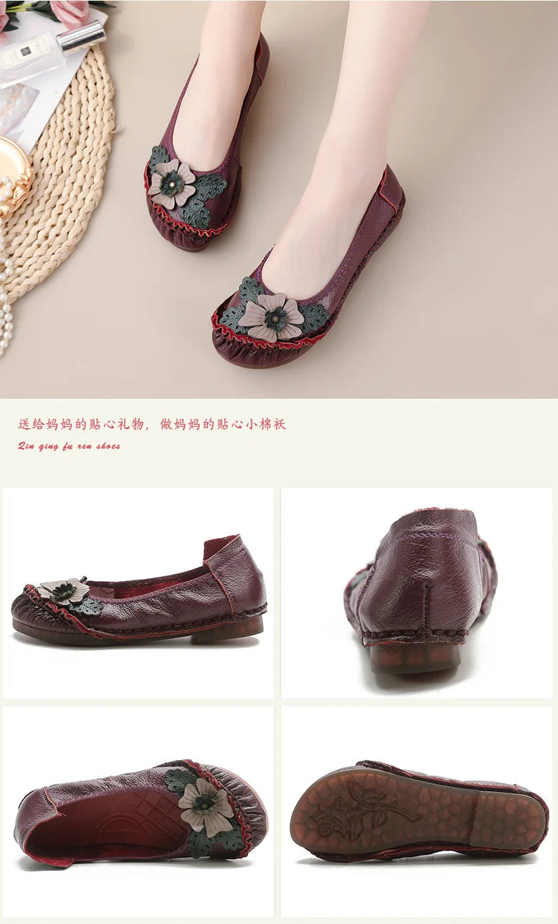 Mocasines Planos Florales de Cuero Genuino | Hechos a Mano | Talla 41 | Estilo Retro