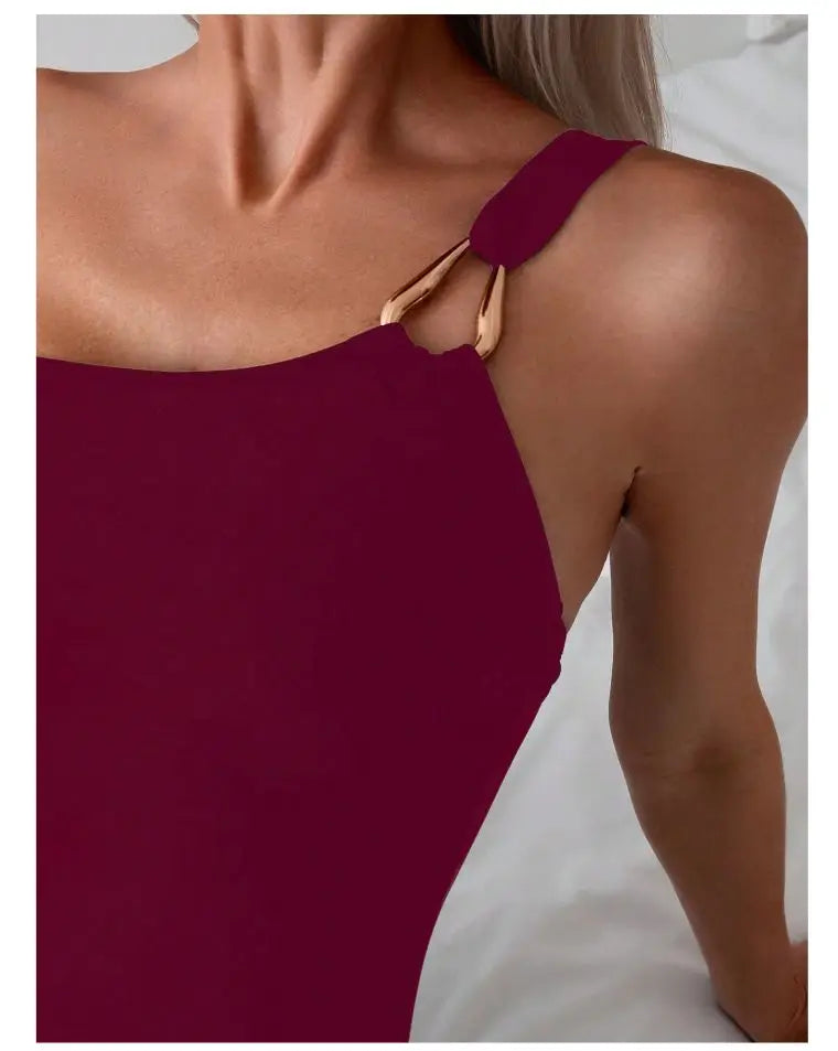 Traje de Baño 1 Hombro Ajustado | Color Sólido | Natación y Playa