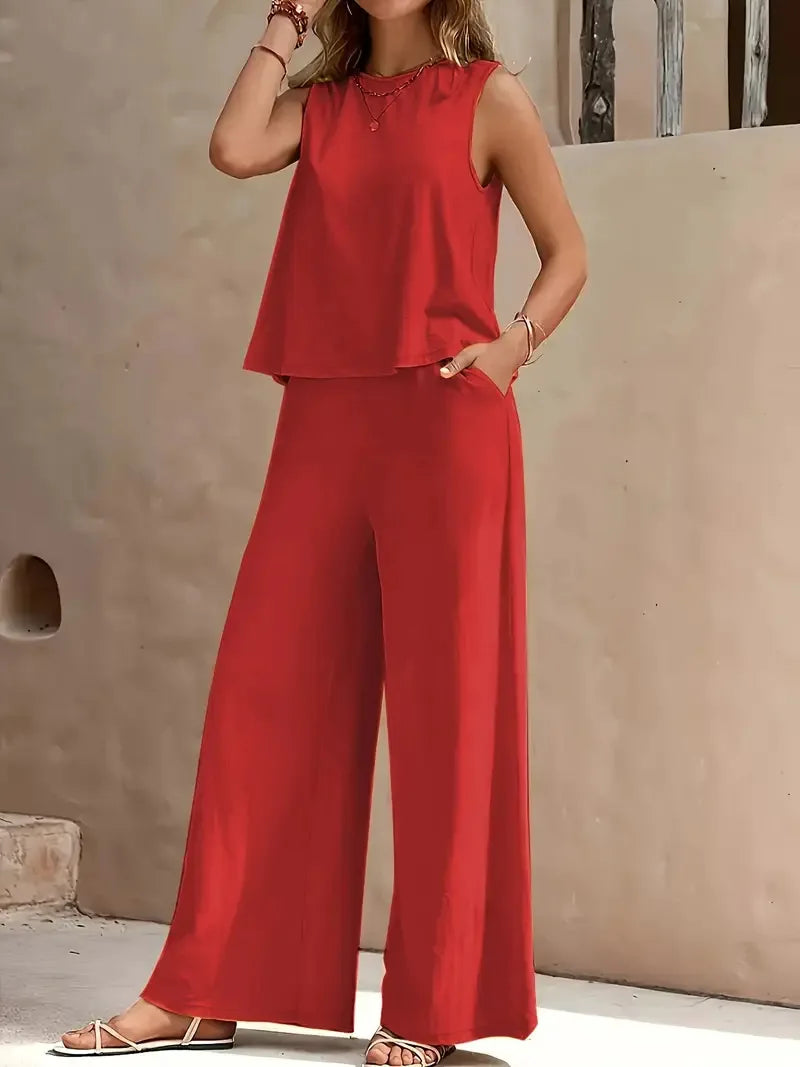 Ticotrendy: Conjunto Elegante de Pantalón y Top Sin Mangas | Color Sólido Verano 2025