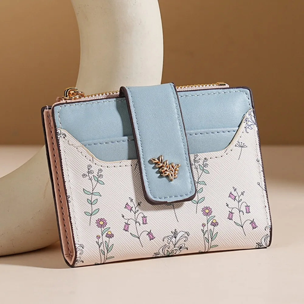 Cartera corta de cuero PU a la moda para mujer, tarjetero con cerrojo y flores pequeñas, cartera pequeña delgada, monedero multitarjetas para niña