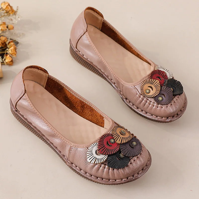 Mocasines Étnicos de Cuero Genuino para Mamá | Punta Redonda | Antideslizantes | Verano 2025
