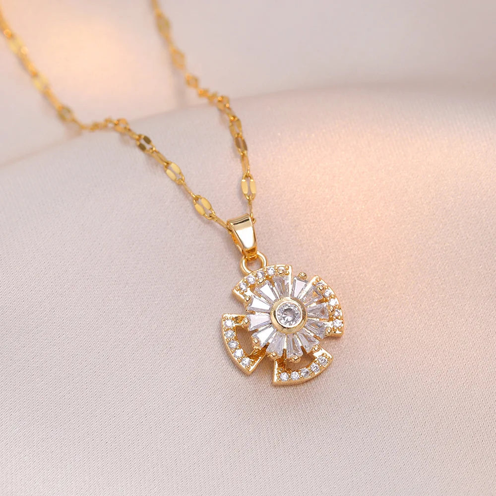 Collares con colgante de flor de circón brillante giratorio para mujer, cadena de acero inoxidable, accesorios diarios para fiesta de lujo, regalos de joyería