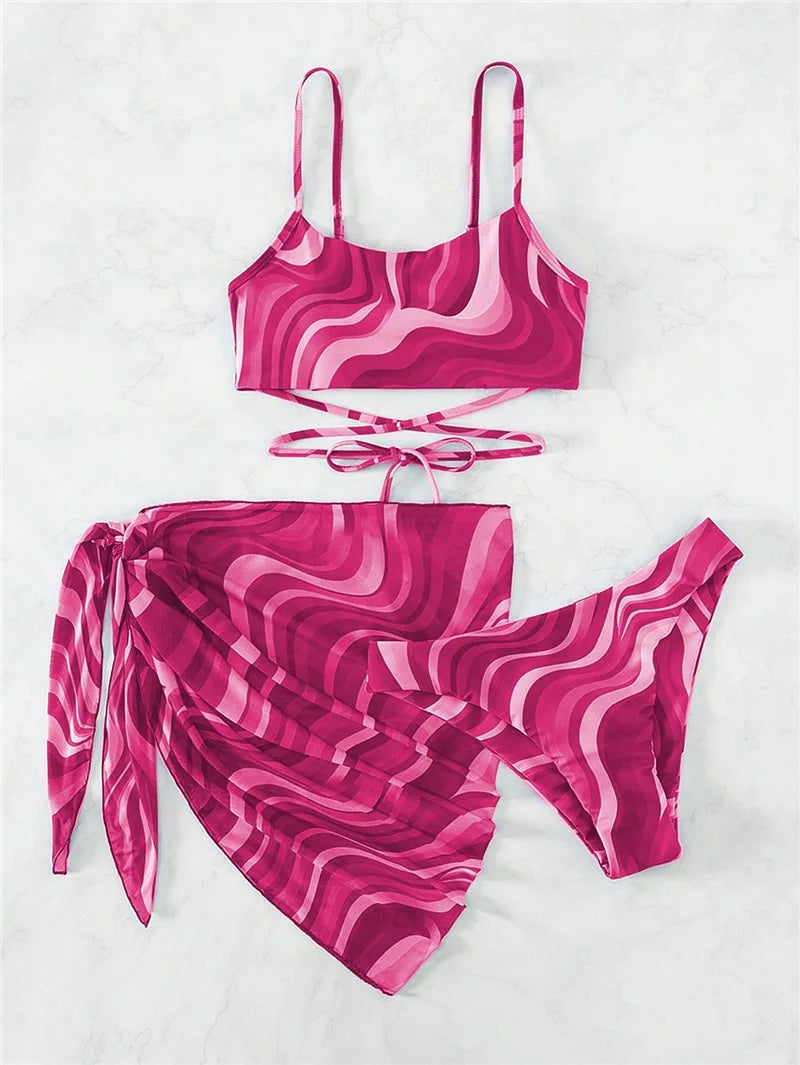 Bikini con Estampado Ondulado y Falda - Conjunto Práctico y Bonito
