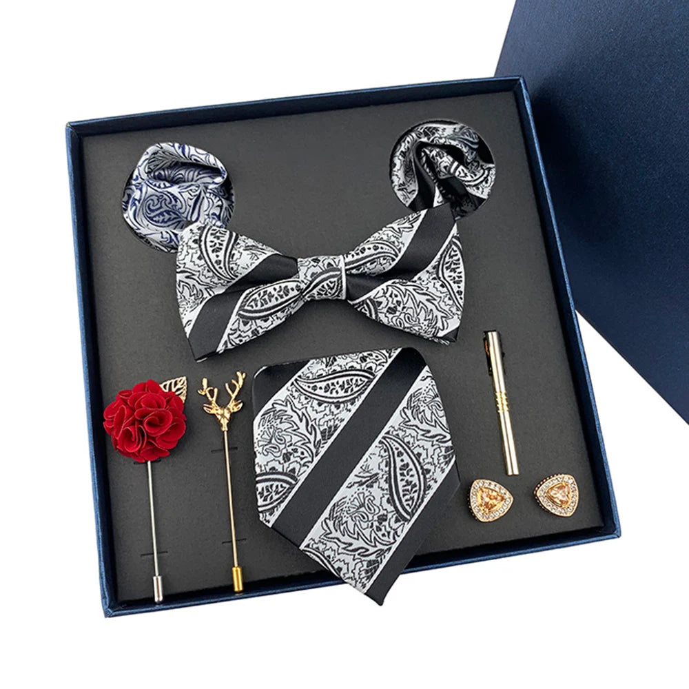Set De Corbata Pajarita Pañuelo Gemelos Regalo Tico De Lujo