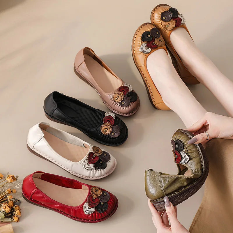 Mocasines Étnicos de Cuero Genuino para Mamá | Punta Redonda | Antideslizantes | Verano 2025