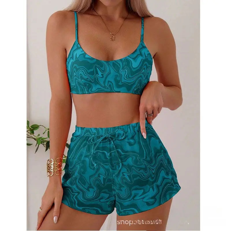 Conjunto de Bikini con Estampado de Mármol y Pareo - Outfit Casual para la Playa