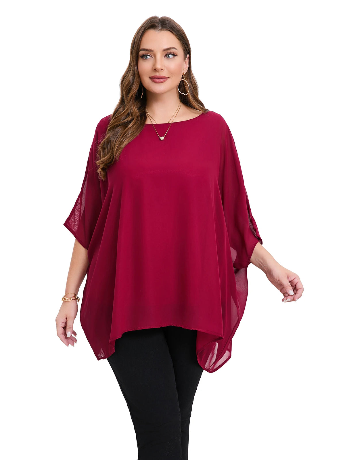 Blusa de Gasa Manga Murciélago Plus Size | Cuello Redondo Holgada | Tallas 2XL-8XL | Tico Trendy
