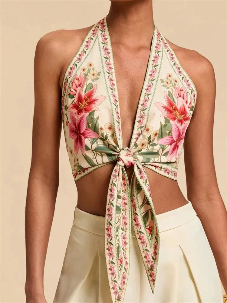 Top corto con cuello Halter y nudo frontal para mujer, Top Sexy sin mangas con estampado Floral y cuello en V, camiseta sin mangas con espalda descubierta, ropa Y2K
