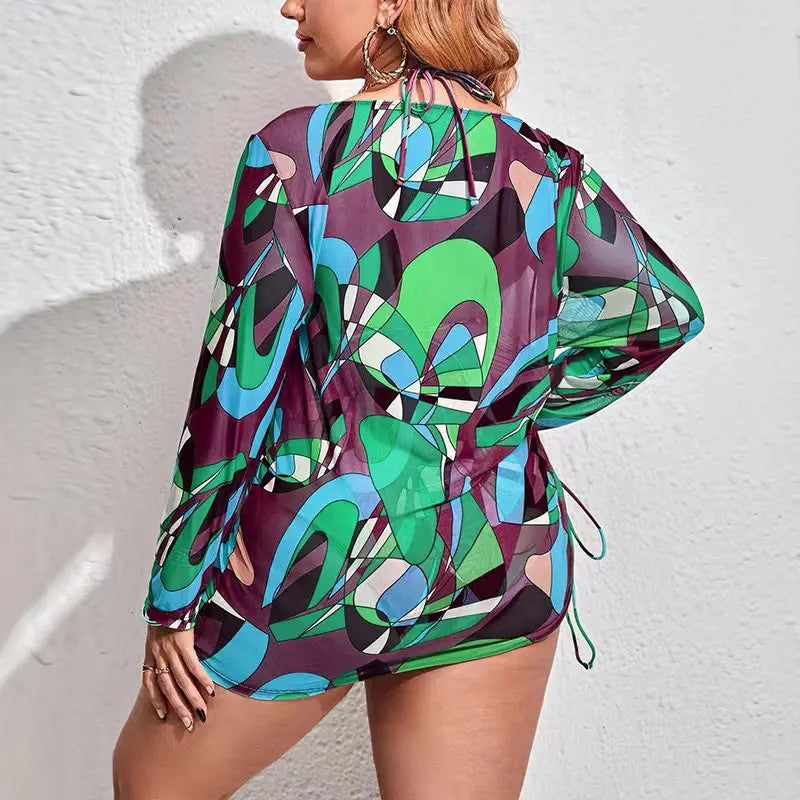 Conjunto de Bikinis de Malla Estampados de Tres Piezas | Traje de Baño de Talla Grande para Playa