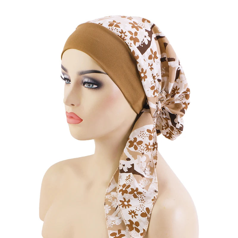 Nuevo pañuelo para la cabeza con estampado satinado para mujer, turbante musulmán elástico preatado, gorro para dormir para quimioterapia, cubierta para la pérdida de cabello, pañuelo para la cabeza