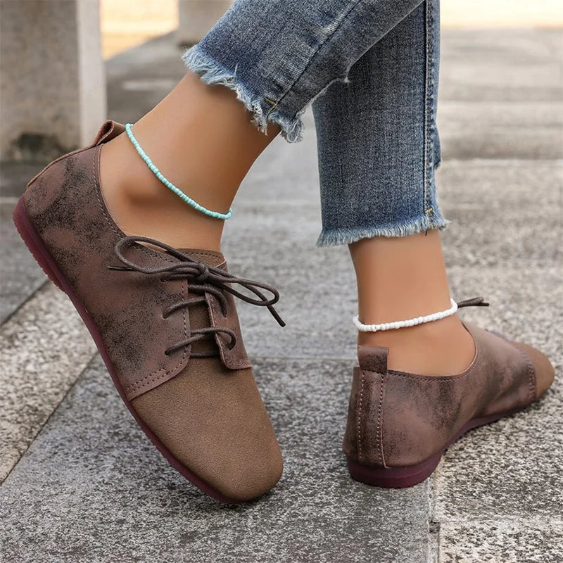 Zapatos Planos Marrones con Cordones | Gamuza Sintética | Punta Redonda | Talla Grande