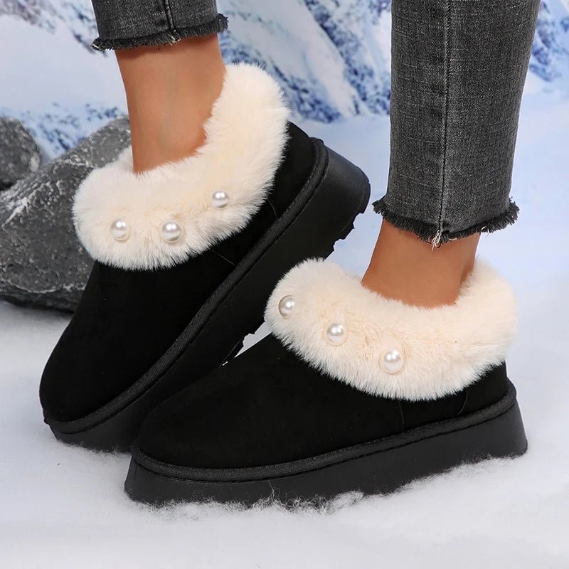 Botas Plataforma Piel Esponjosa Perlas Moda Tica Elegante