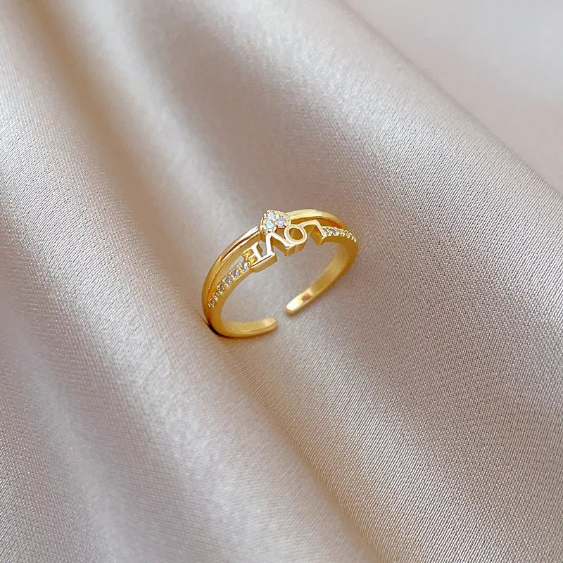 Anillos con letras de amor de circón chapado en oro de 18 quilates para mujeres y niñas, anillo de cobre abierto ajustable dulce, accesorios de joyería, regalos
