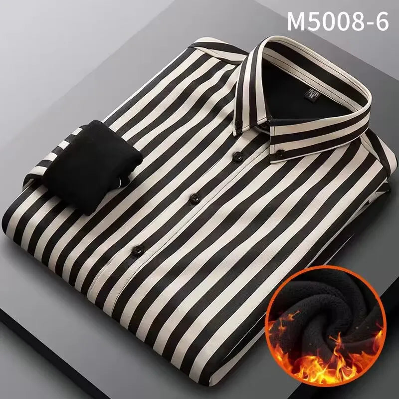 Camisa Rayas Terciopelo Hombre | Engrosada Cálida | Negocios Casual | Invierno S-4XL