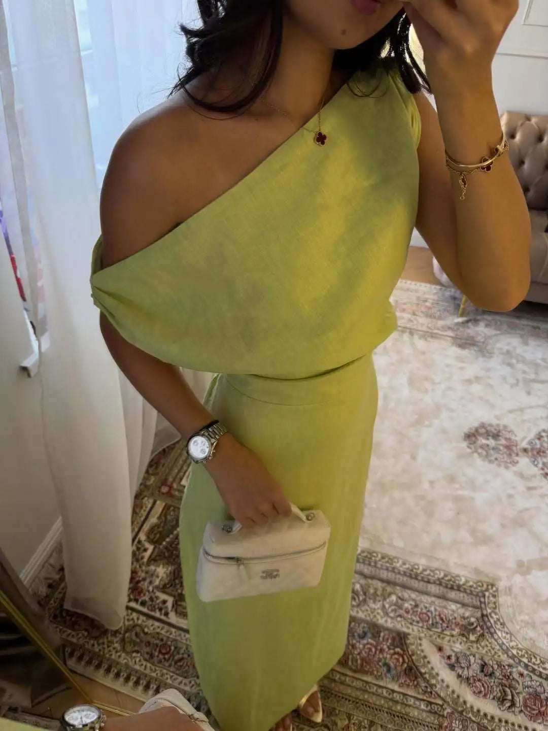 Vestido de Lino y Algodón Un Hombro para Fiesta