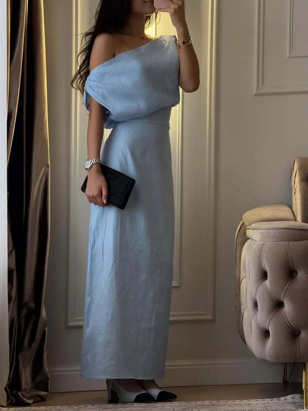 Vestido de Lino y Algodón Un Hombro para Fiesta