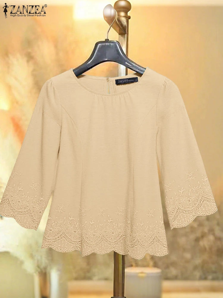 Blusa de Verano para Mujer | Encaje y Retazos Bordados | Cuello Redondo | Ticotrendy