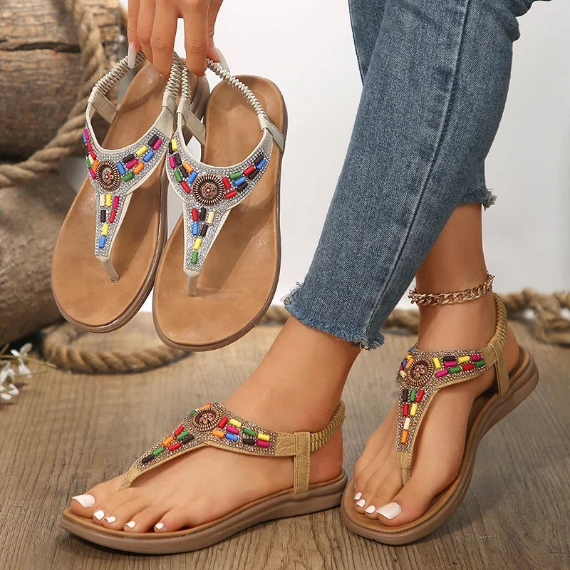 Sandalias Planas Bohemias Estilo Romano Gladiador | Tiras con Cuentas Clip Toe